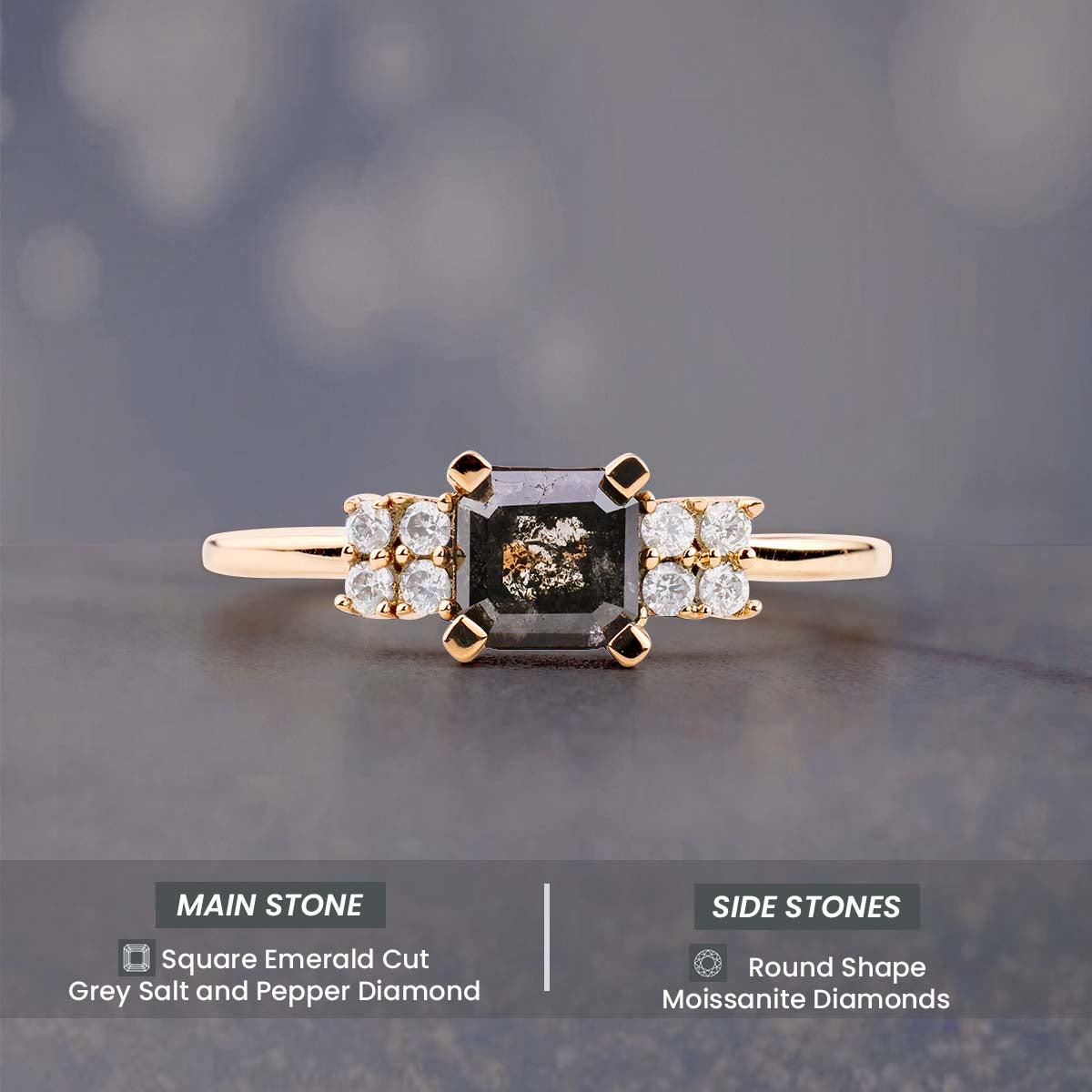 Square Emerald Cut Salt and Pepper Diamond Engagement Ring