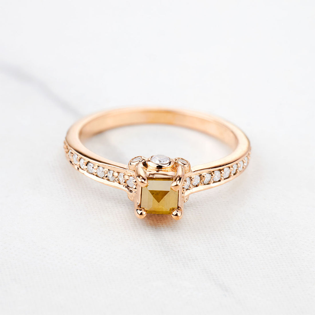 Princess Rose Cut Fancy Yellow Rustic Diamond Ring Rose Gold