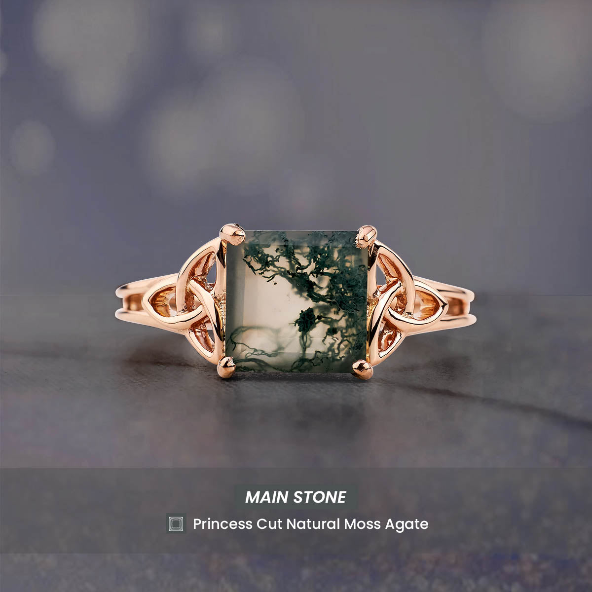 Princess Cut Solitaire Moss Agate Celtic Trinity Engagement Ring