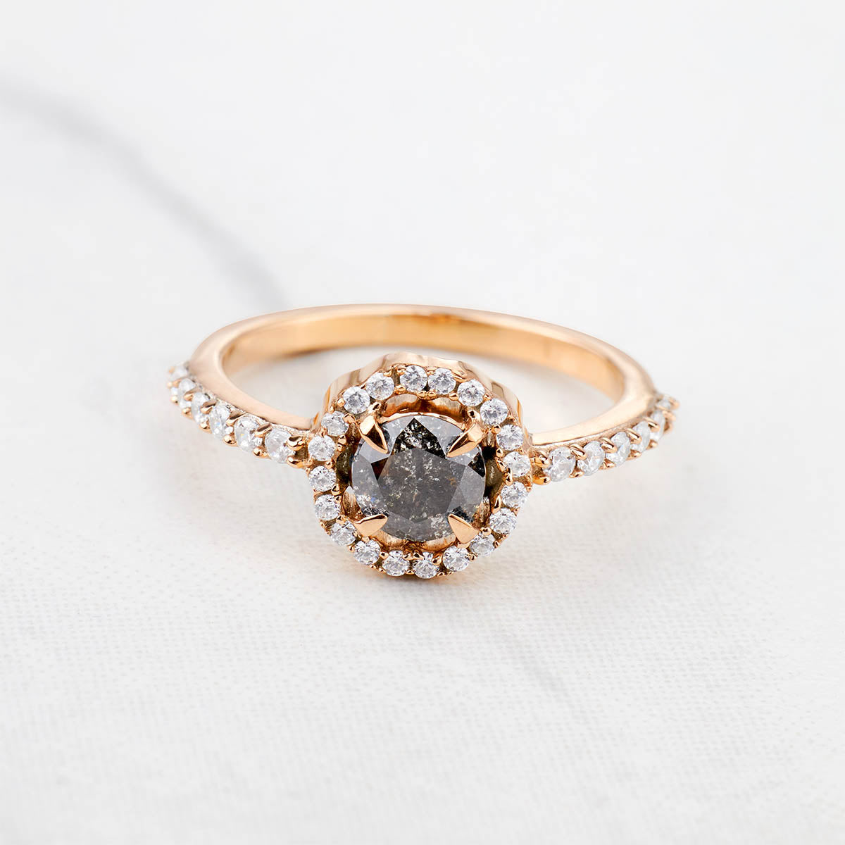 Natural Salt and Pepper Diamond Halo Moissanite Wedding Ring