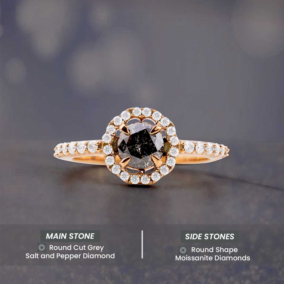Natural Salt and Pepper Diamond Halo Moissanite Wedding Ring