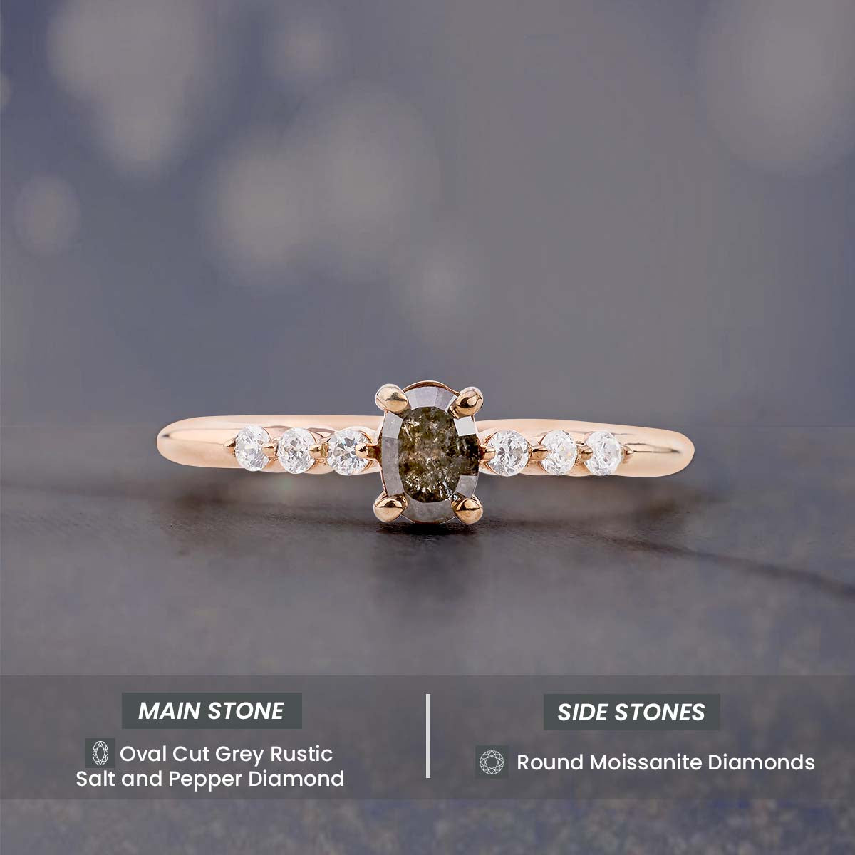 Oval Cut Natural Salt and Pepper Galaxy Diamond Promise Ring