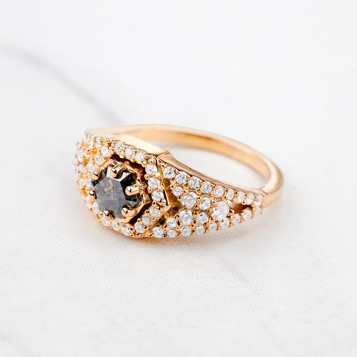 Natural Salt and Pepper Diamond Hexagon Cut Engagement Ring