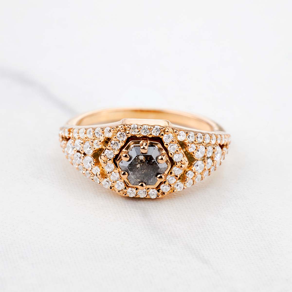Natural Salt and Pepper Diamond Hexagon Cut Engagement Ring