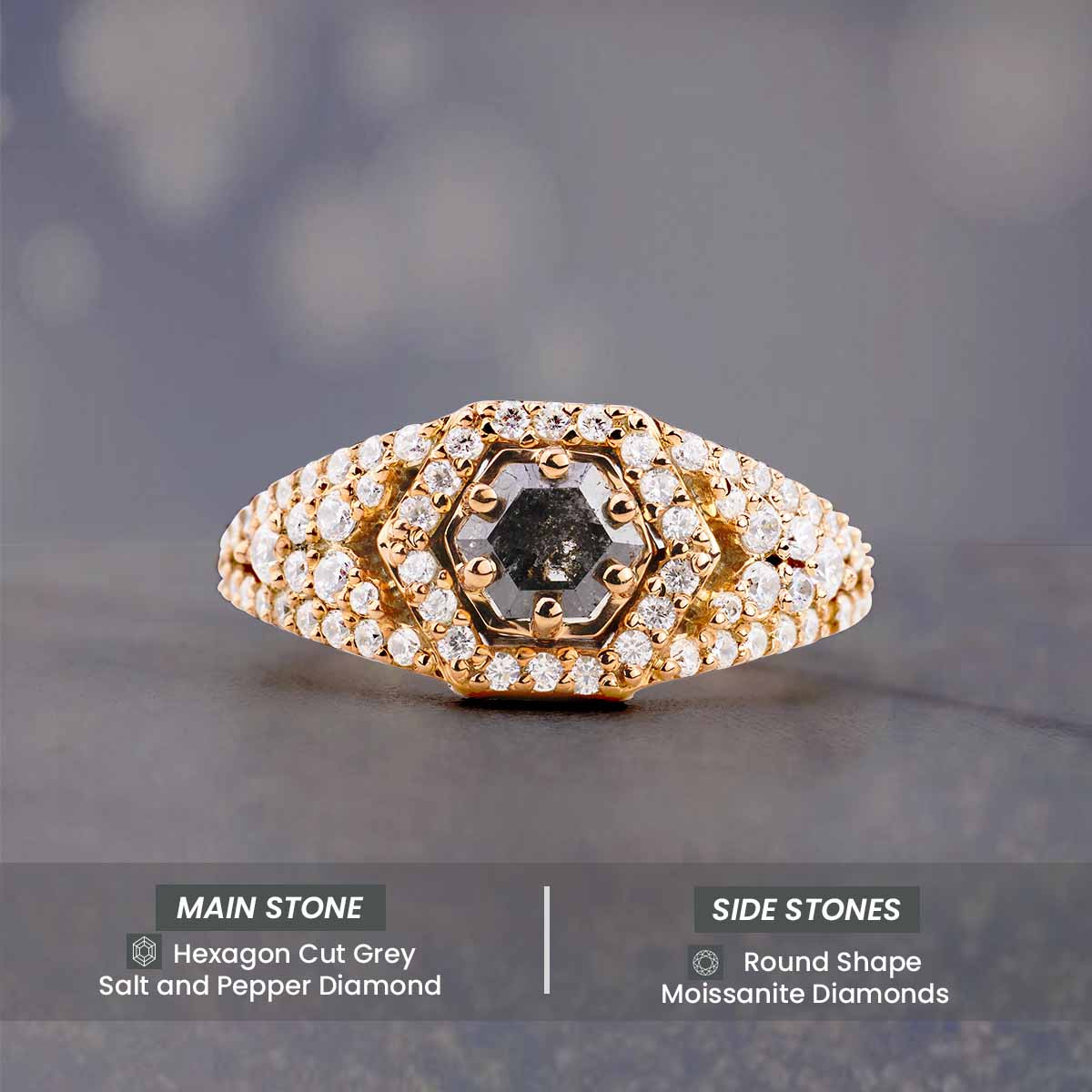 Natural Salt and Pepper Diamond Hexagon Cut Engagement Ring