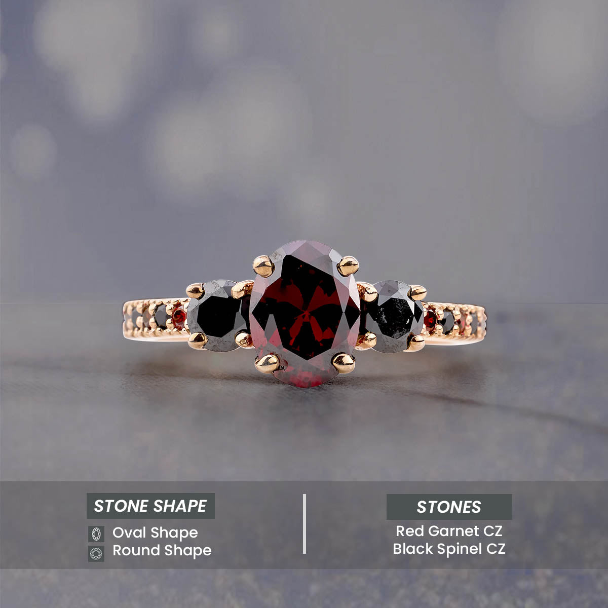 Red and Black Gothic Ring Multi Gemstone Oval Cut 3 Stone Engagement Ring