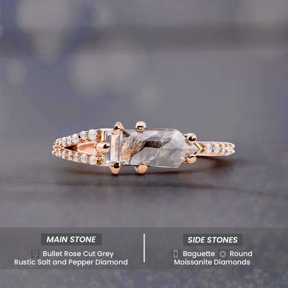 Rose Cut Bullet Natural Salt and Pepper Diamond Promise Ring