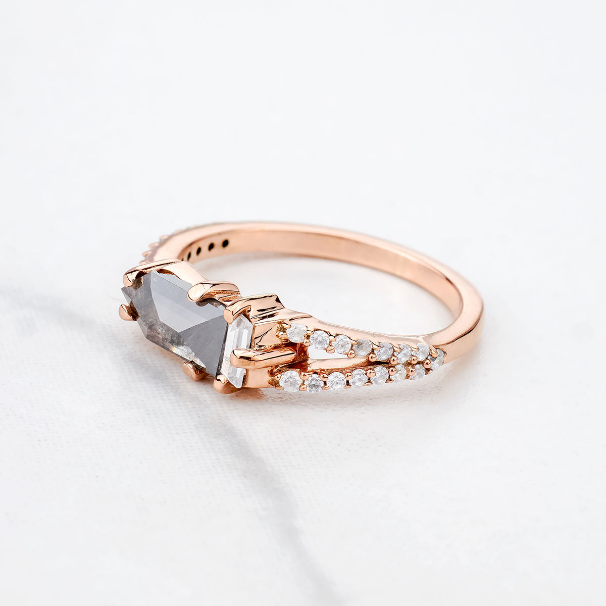 Rose Cut Bullet Natural Salt and Pepper Diamond Promise Ring