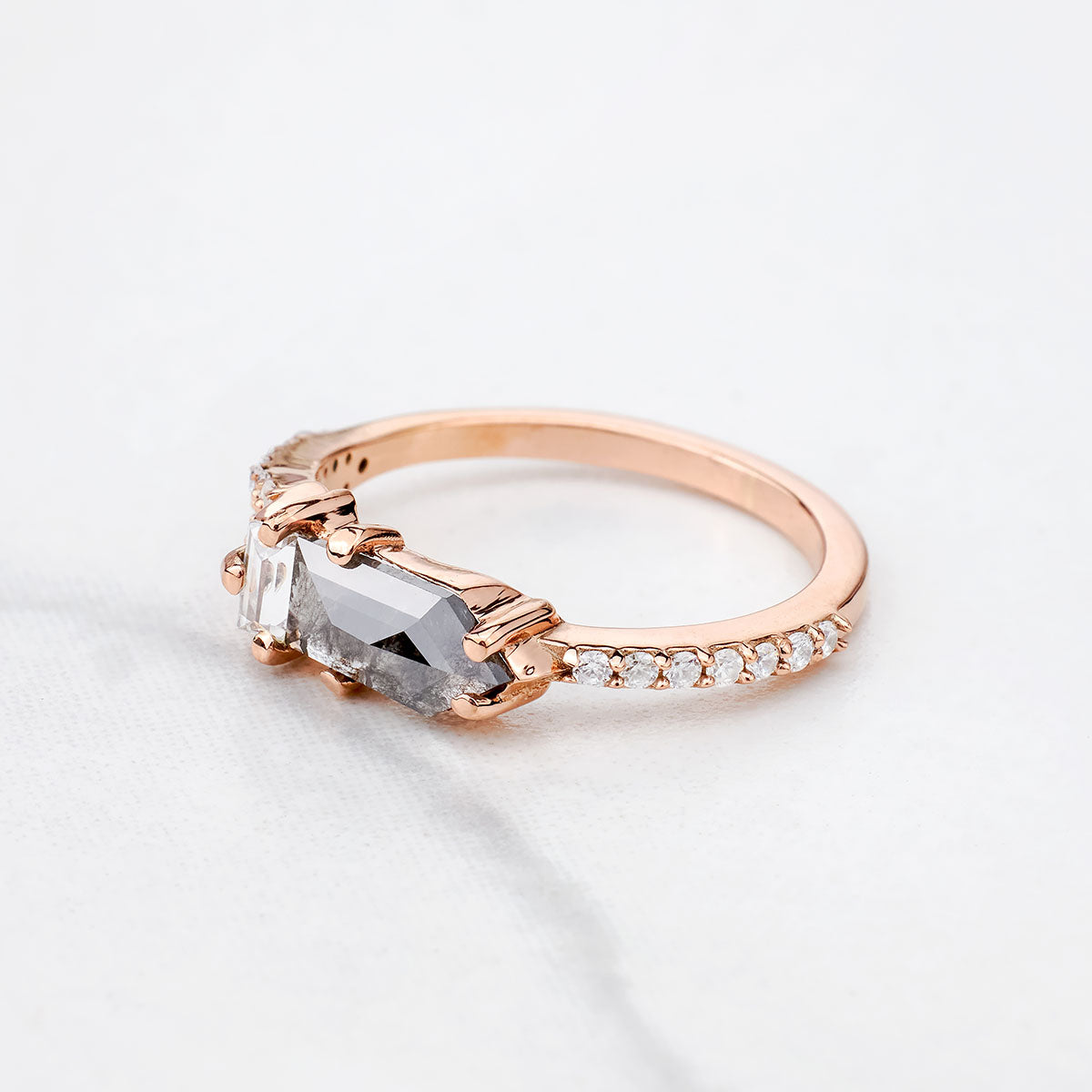 Rose Cut Bullet Natural Salt and Pepper Diamond Promise Ring