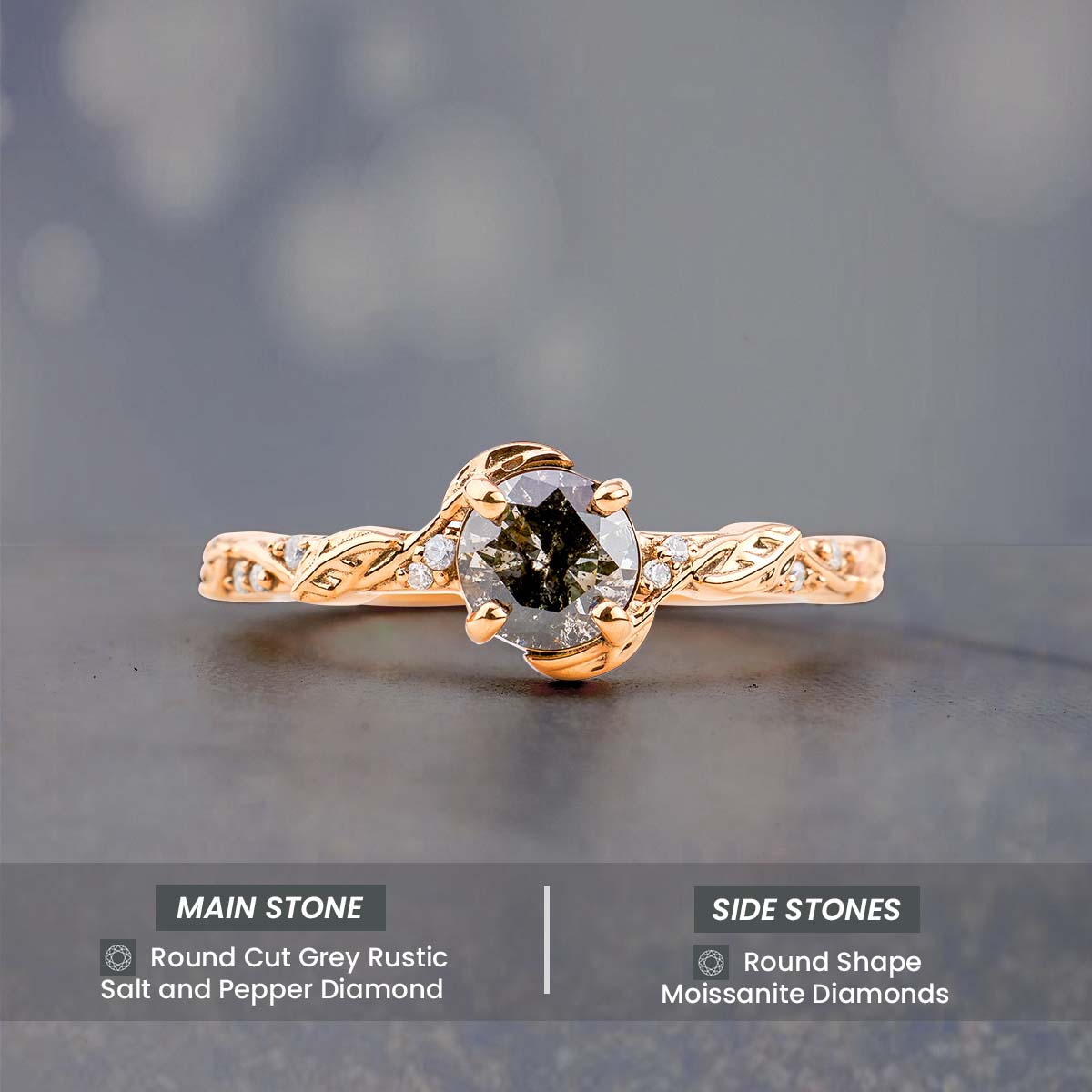 Natural Salt and Pepper Grey Rustic Diamond Engagement Ring