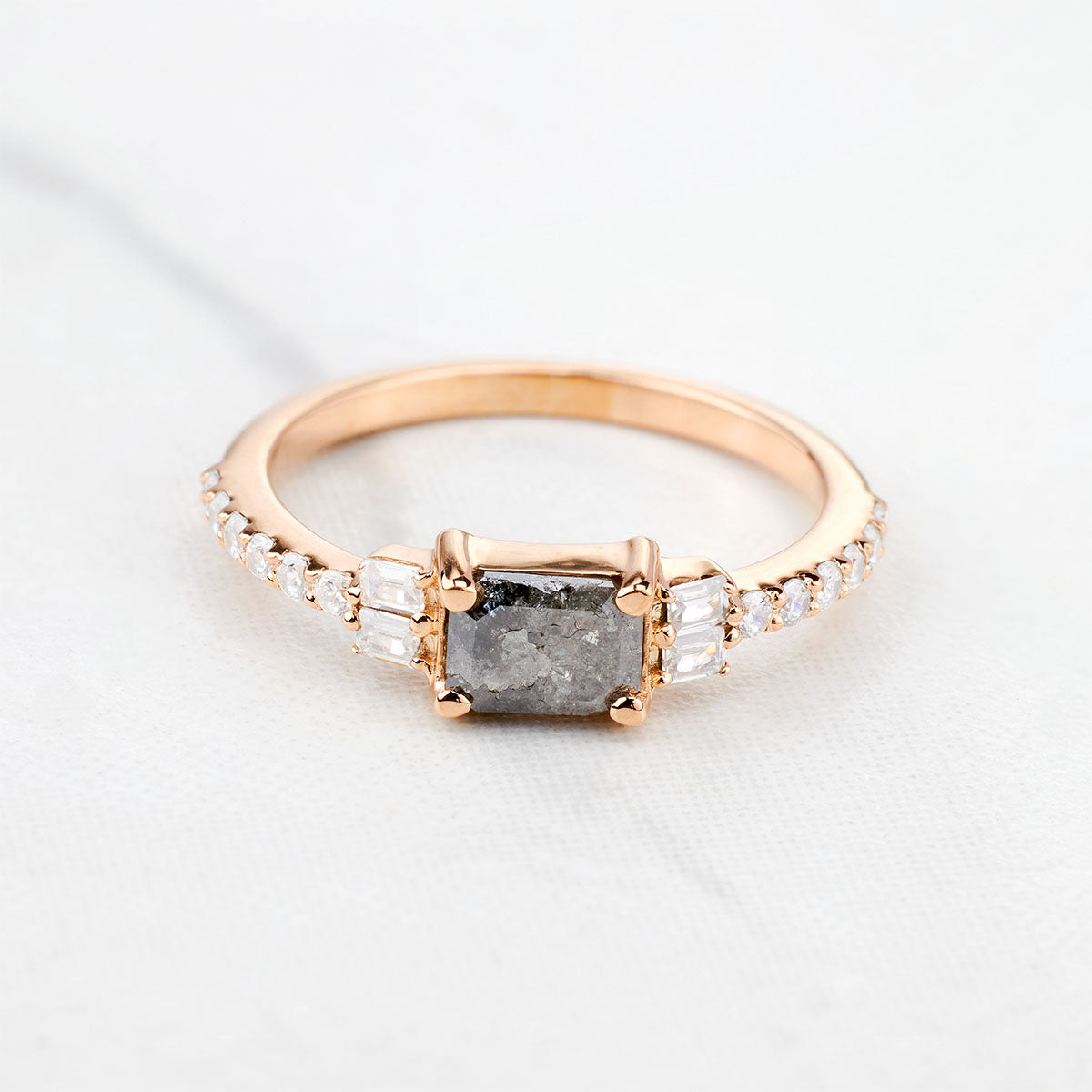 Emerald Cut Natural Salt and Pepper Diamond Engagement Rings