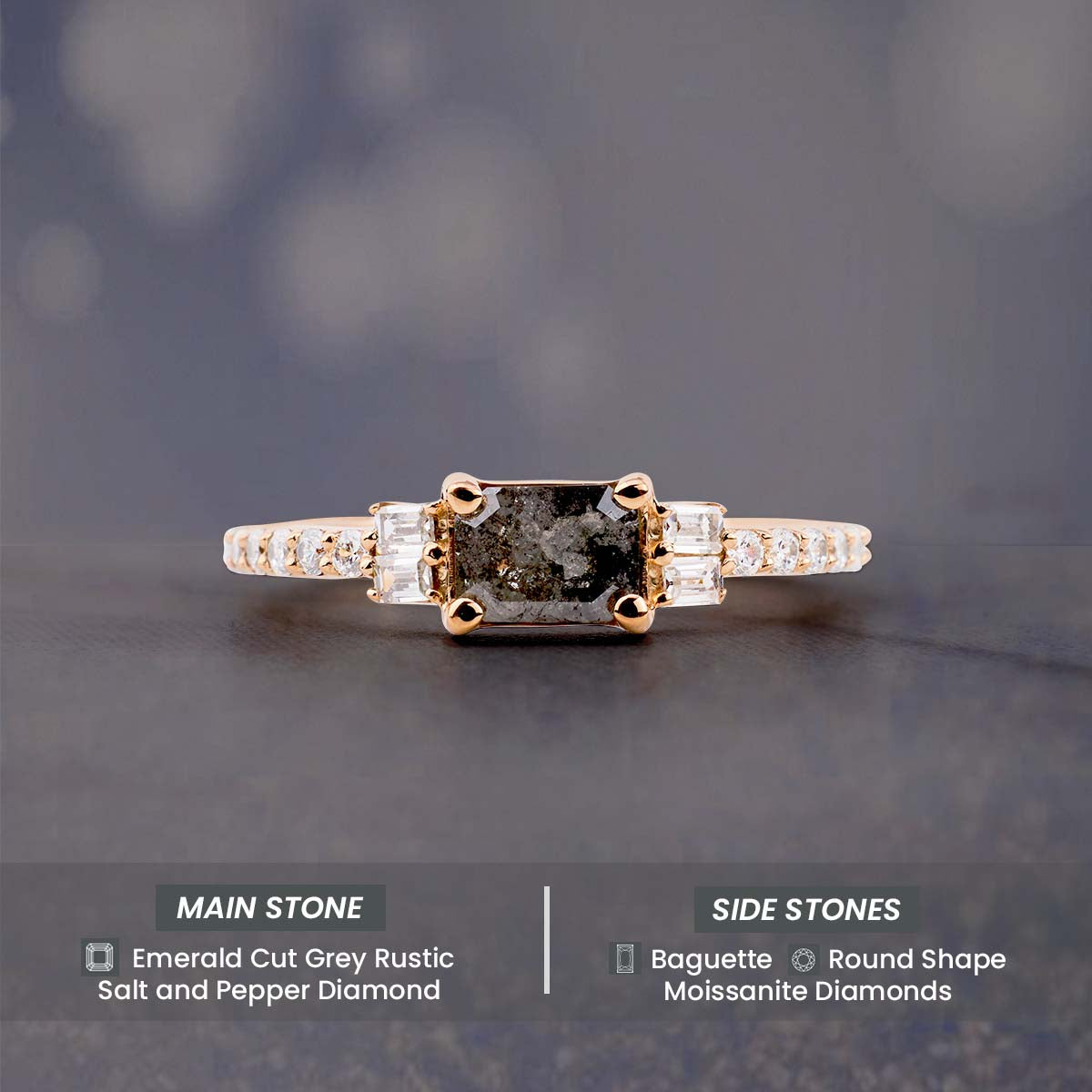 Emerald Cut Natural Salt and Pepper Diamond Engagement Rings