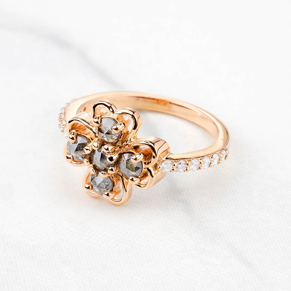 Salt and Pepper Natural Diamond Flower Romantic Anniversary Ring Gift