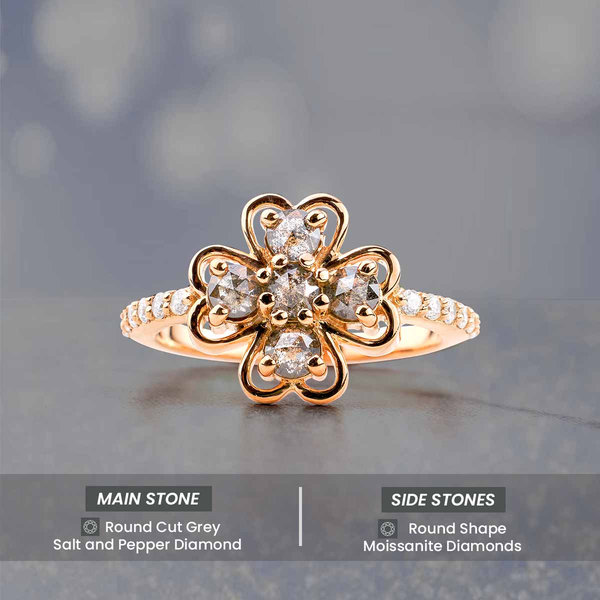 Salt and Pepper Natural Diamond Flower Romantic Anniversary Ring Gift