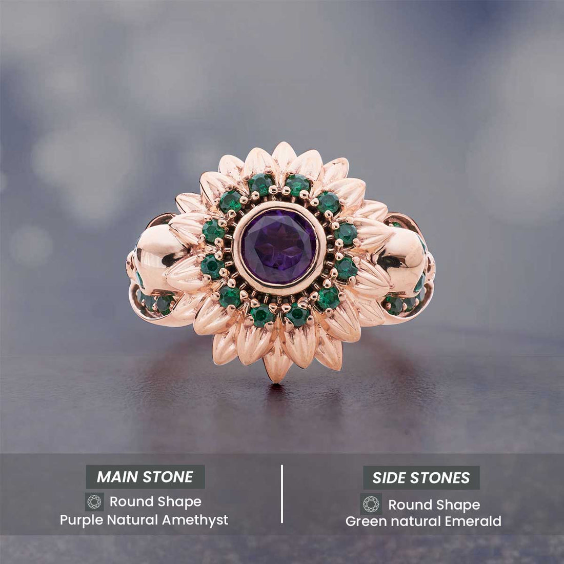 Skull and Flower Engagement Ring Rose Gold Gothic Wedding Rings Natural Purple Amethyst Green Emerald Gemstone