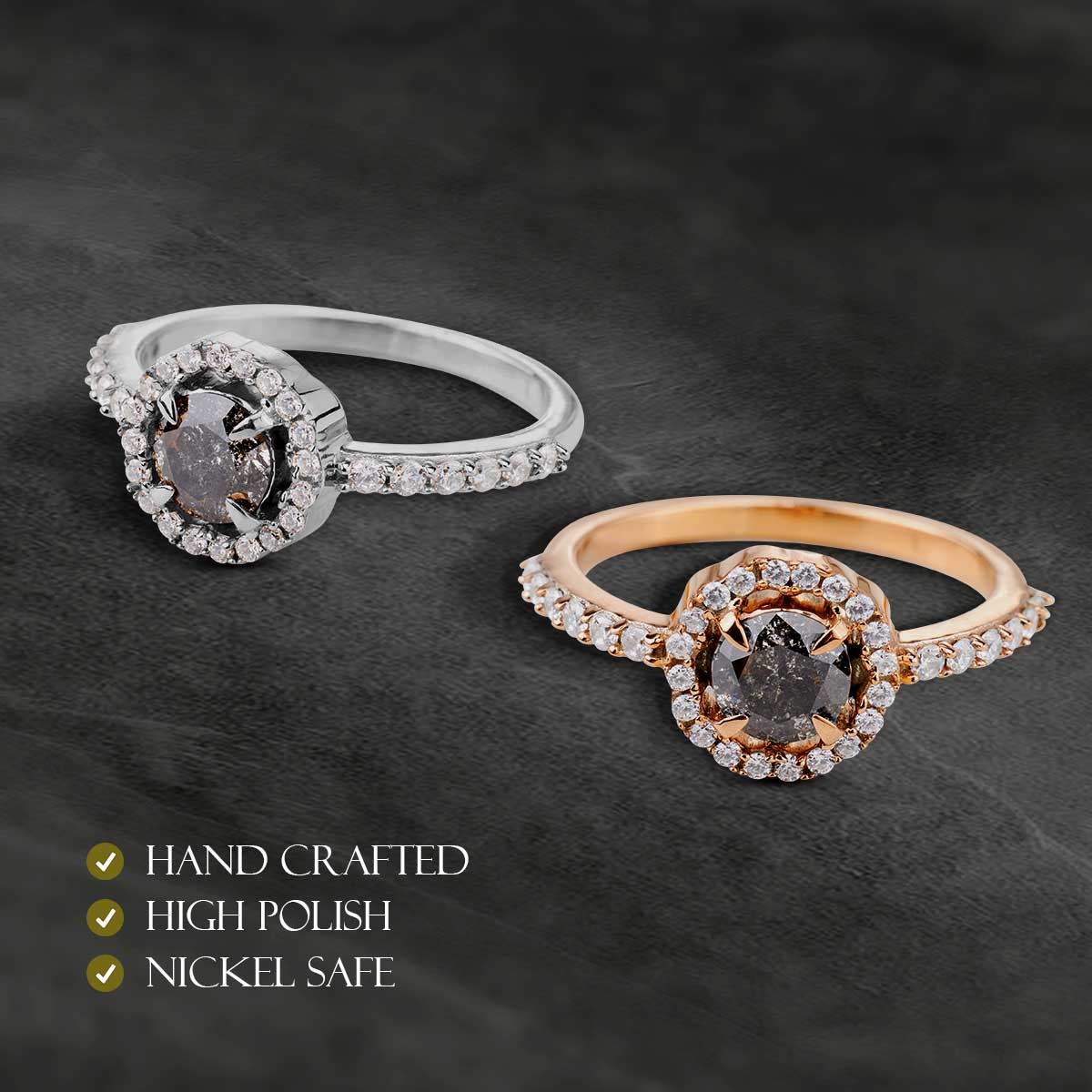 Natural Salt and Pepper Diamond Halo Moissanite Wedding Ring