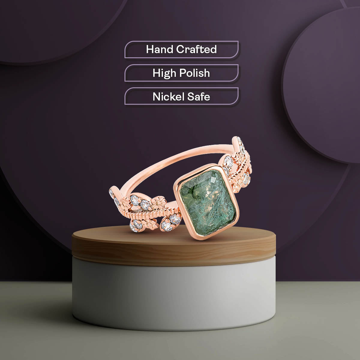 Natural Green Moss Agate Ring Healing Gemstone Art Deco Vintage Engagement Rings for Women Rose Gold