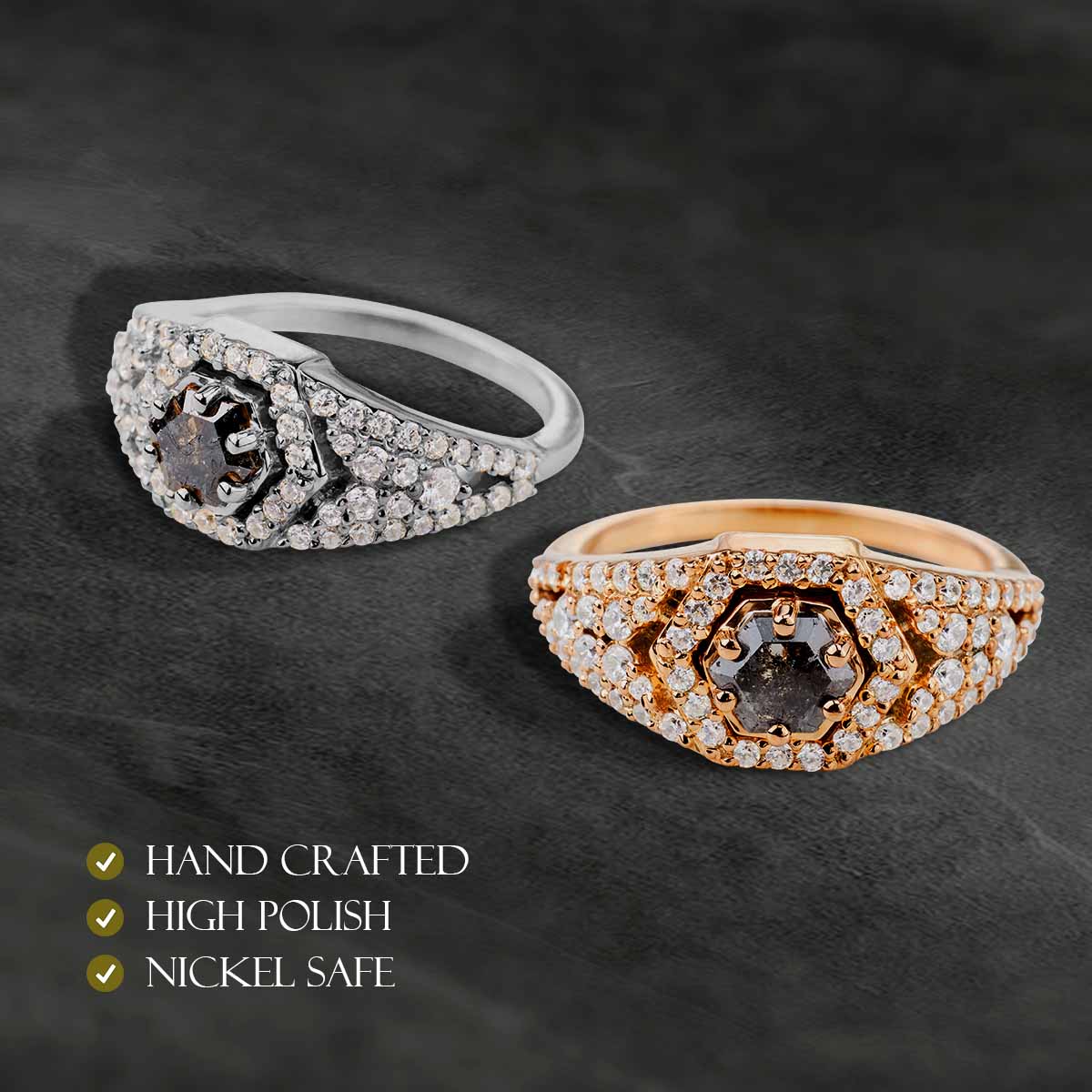 Natural Salt and Pepper Diamond Hexagon Cut Engagement Ring