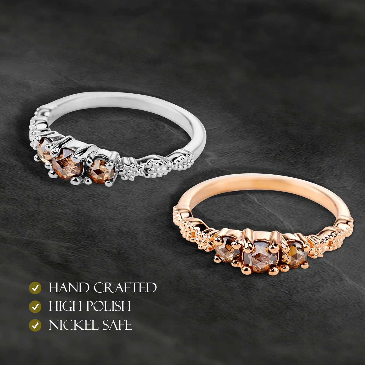 3 Stone Champagne Salt and Pepper Diamond Engagement Ring