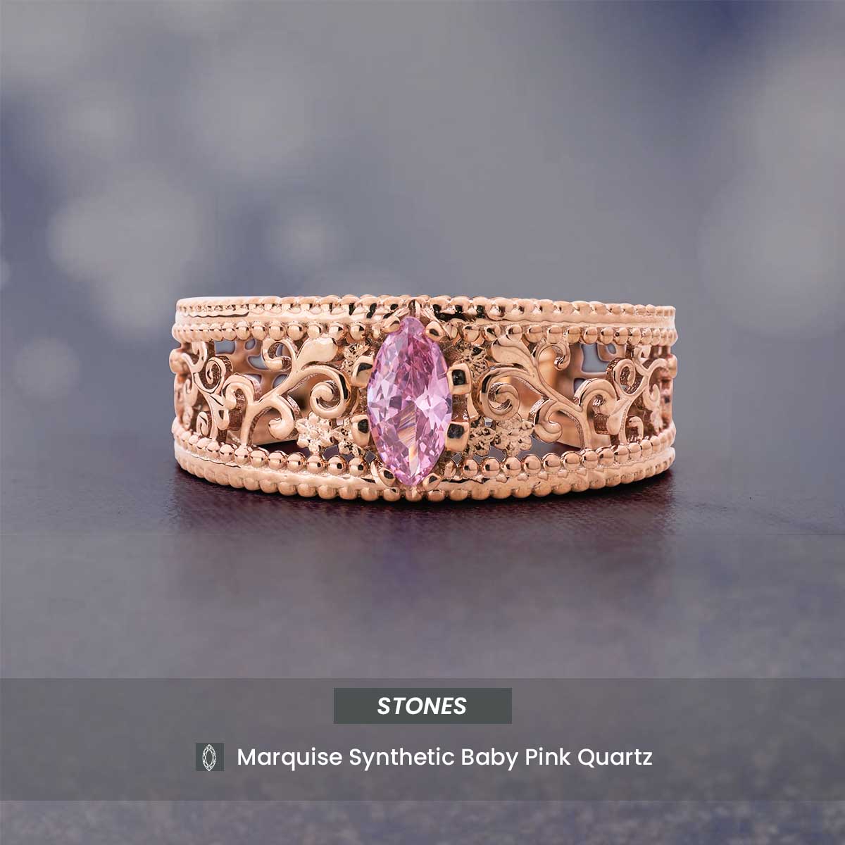 Art Deco Rose Gold Wedding Band Marquise Cut Baby Pink Quartz