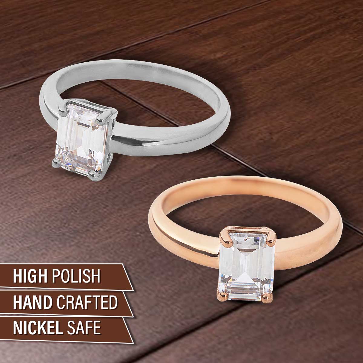 Solitaire Engagement Ring Rose Gold White Gold Radiant Cut CZ Diamond