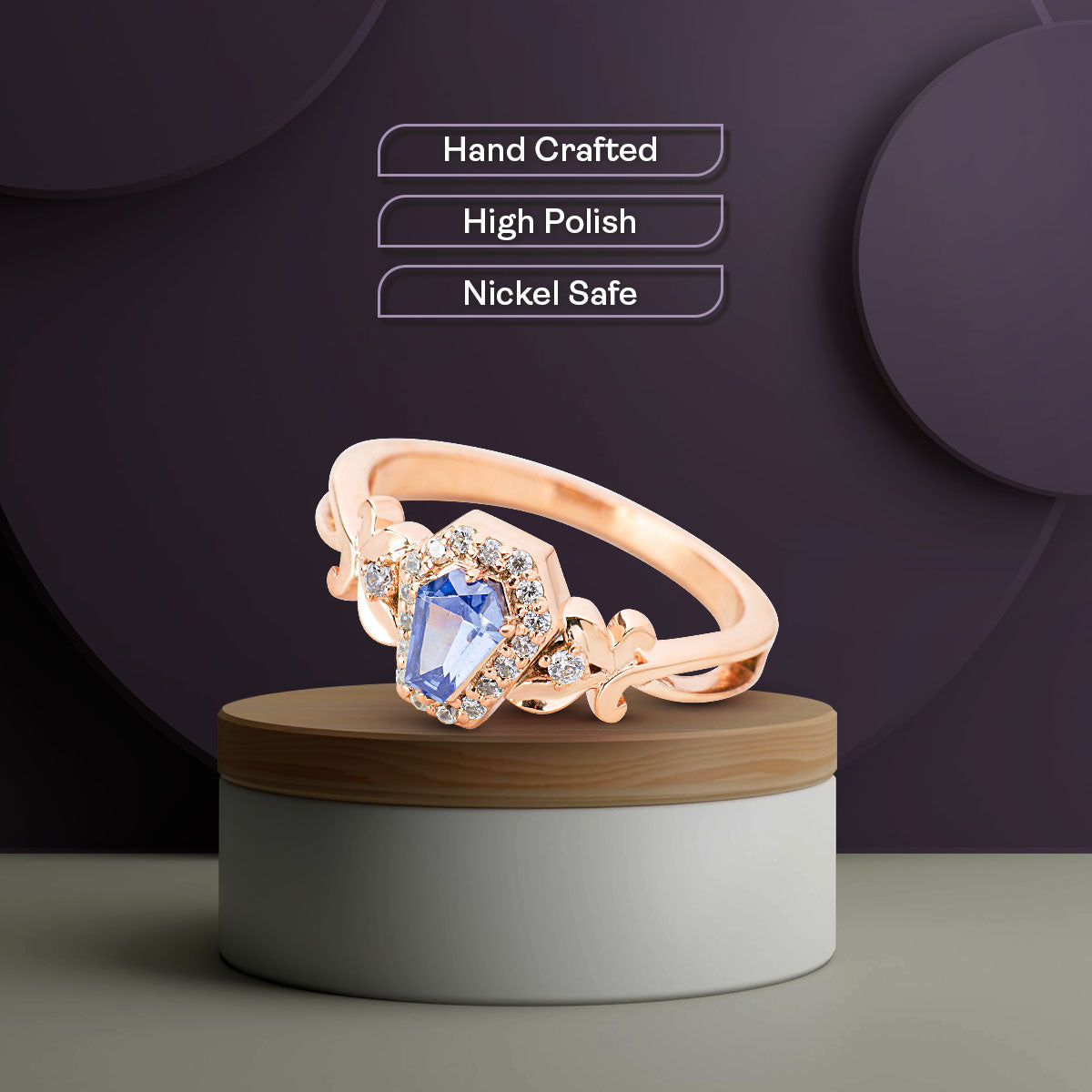 Art Nouveau Coffin Ring Blue Titanic Gemstone Engagement Rings Rose Gold