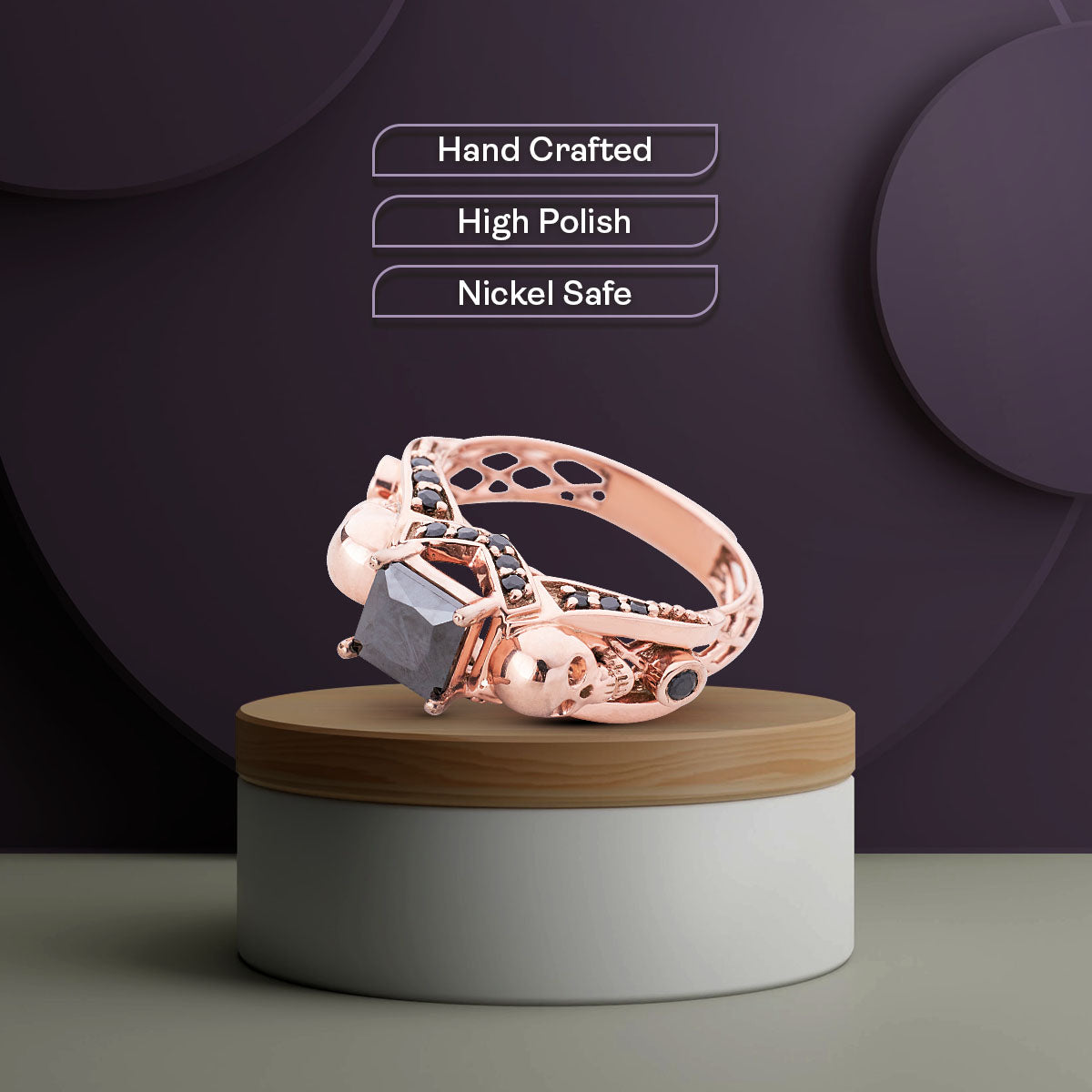 Black Spinel Skull Ring Rose Gold Princess Cut Engagement Rings Gothic Wedding Jewelry