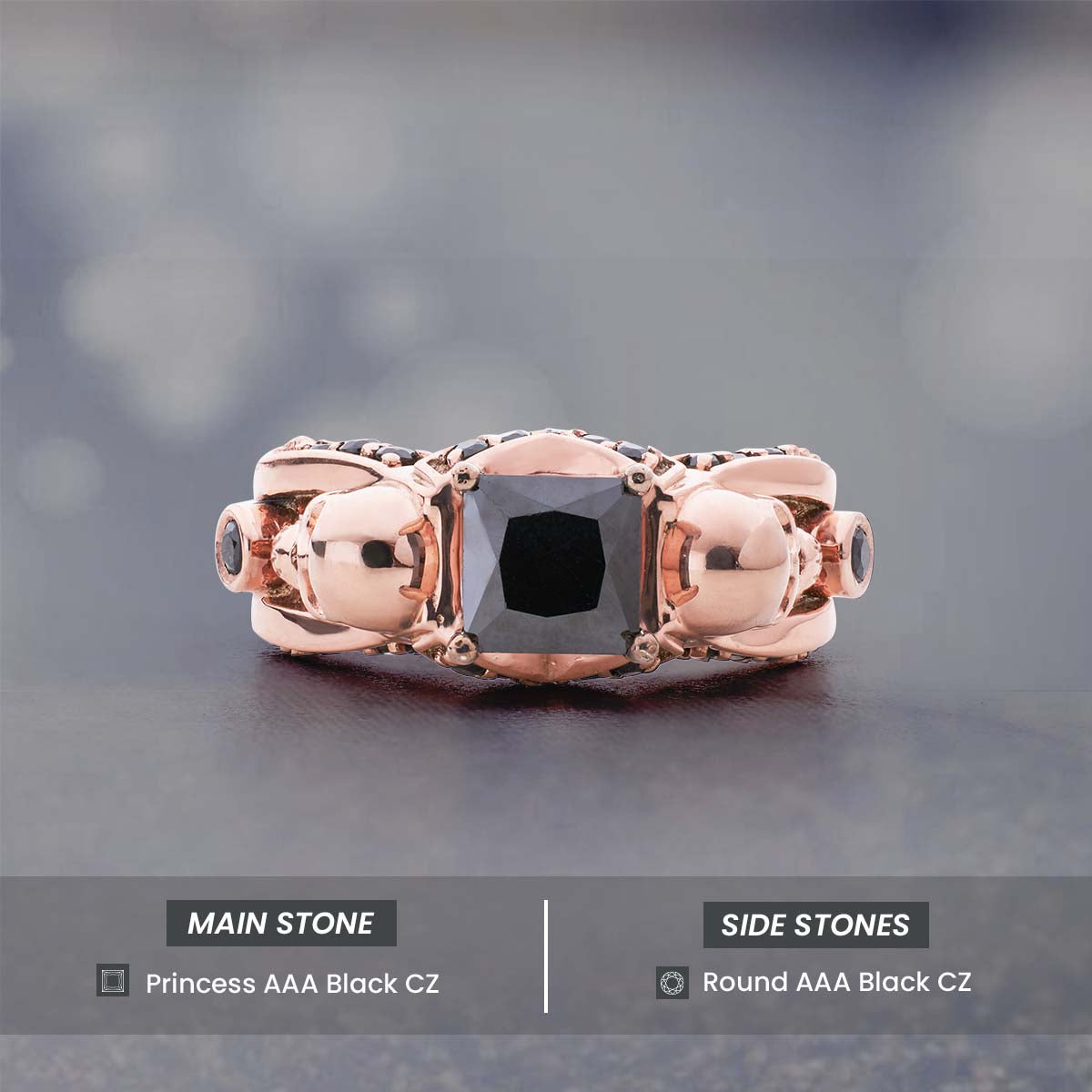 Black Spinel Skull Ring Rose Gold Princess Cut Engagement Rings Gothic Wedding Jewelry