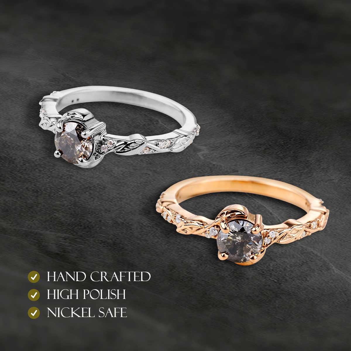 Natural Salt and Pepper Grey Rustic Diamond Engagement Ring