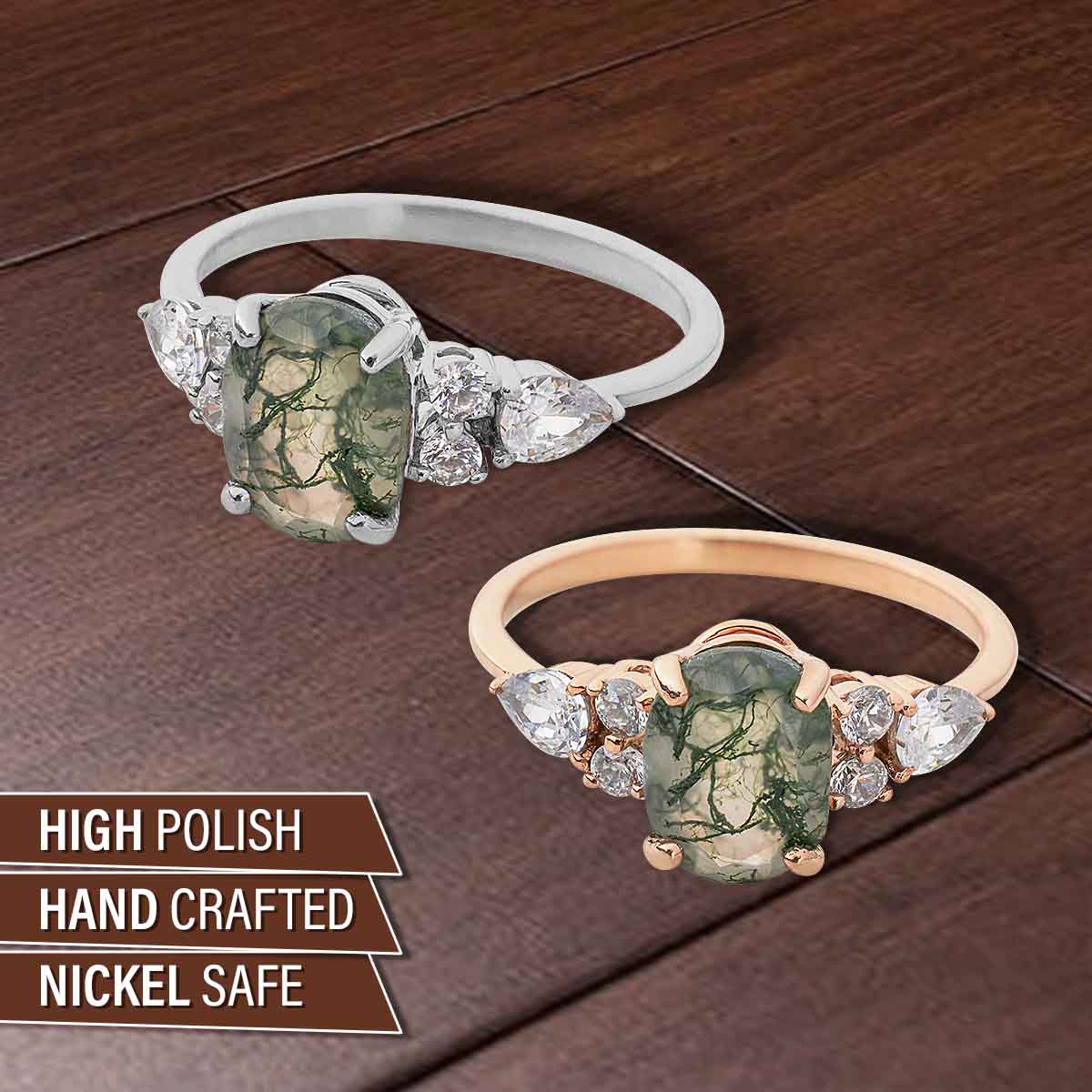 Oval Cut Natural Moss Agate Ring Pear Round Moissanite Unique Gemstone Engagement Ring Rose Gold Sterling Silver