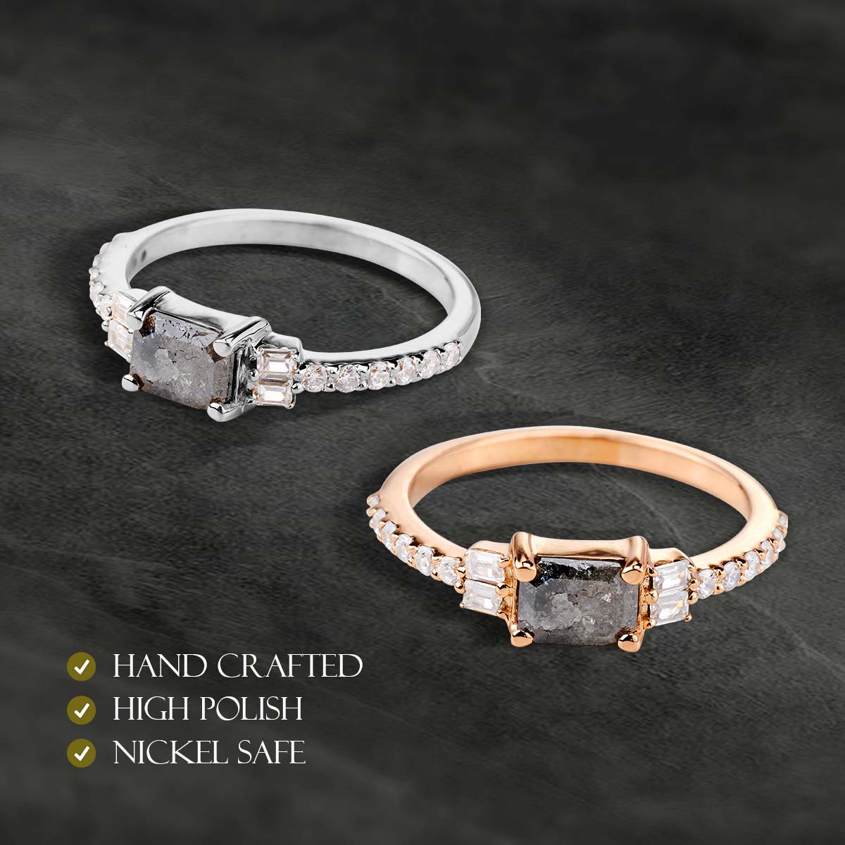 Emerald Cut Natural Salt and Pepper Diamond Engagement Rings