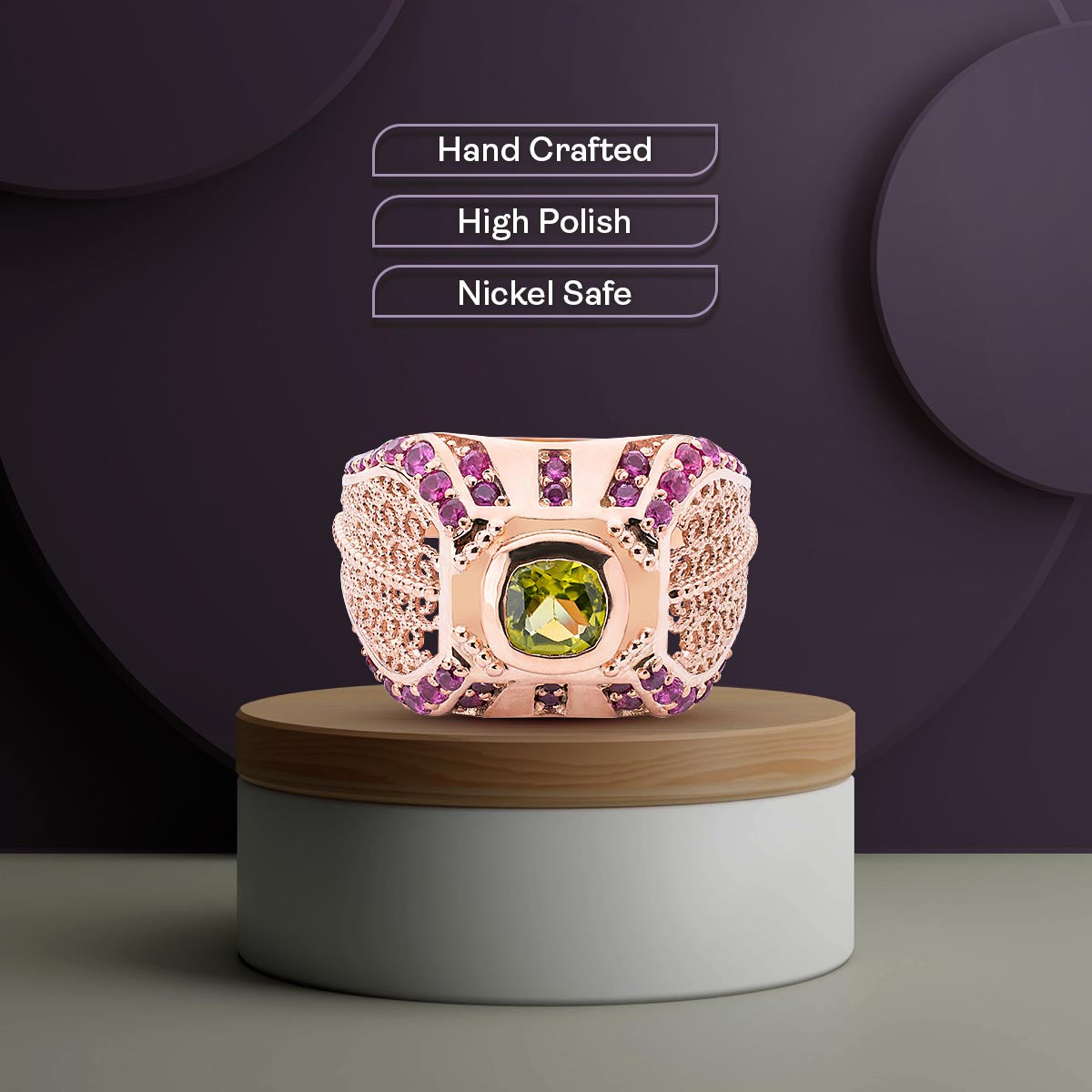 Engagement Ring Filigree Milgrain Art Deco Cocktail Statement Peridot Ruby Gemstone Rose Gold