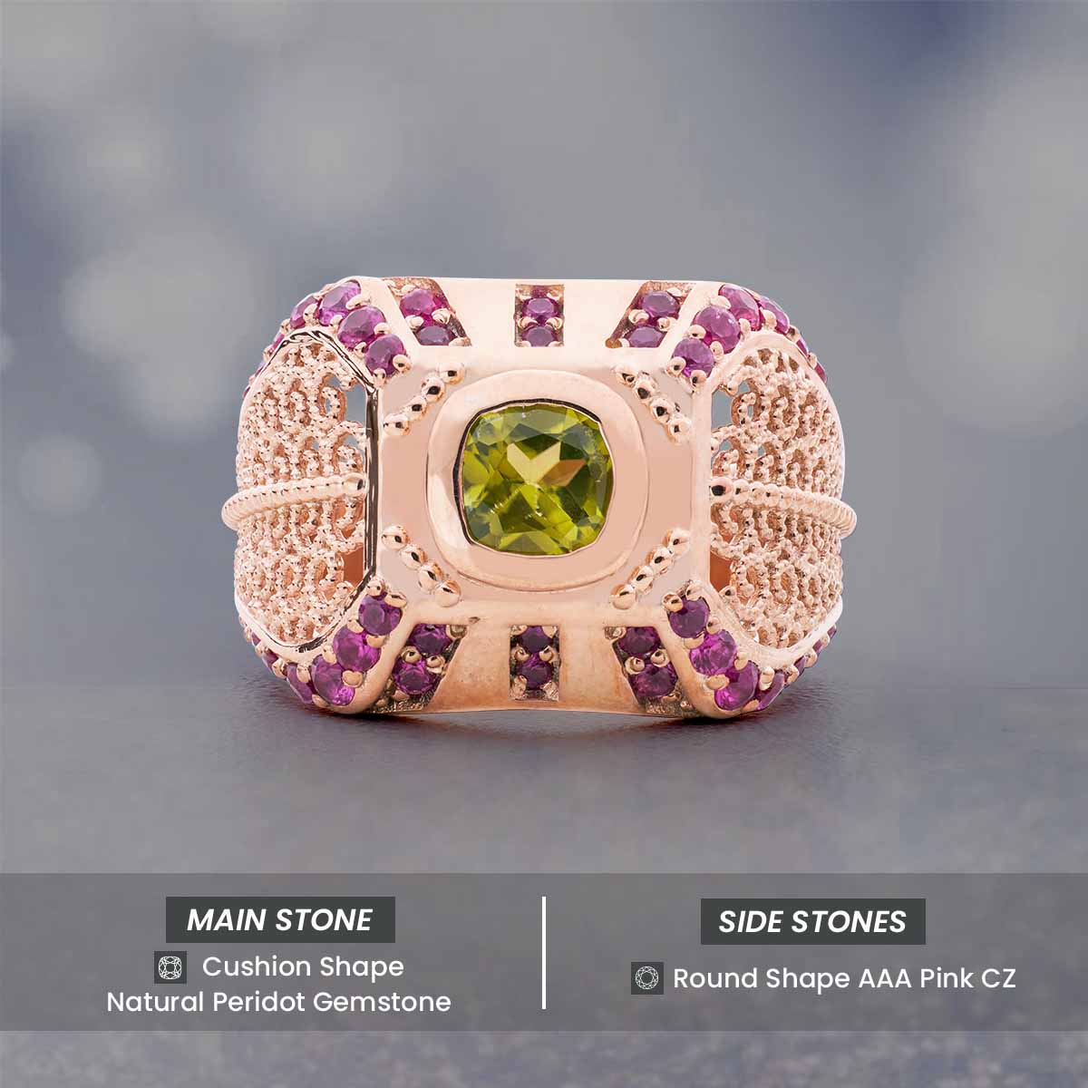 Engagement Ring Filigree Milgrain Art Deco Cocktail Statement Peridot Ruby Gemstone Rose Gold