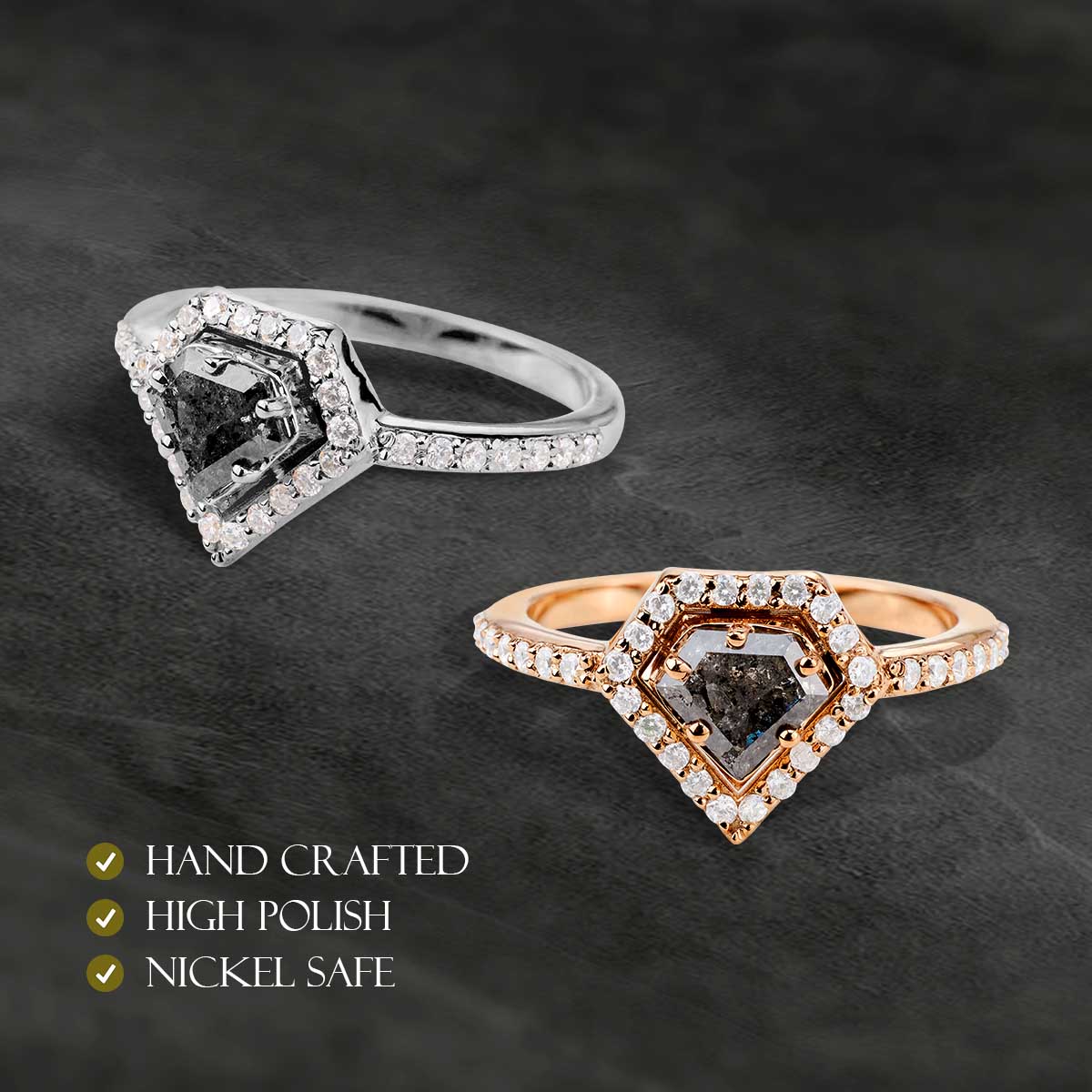 Pentagon Cut Natural Salt and Pepper Diamond Engagement Ring