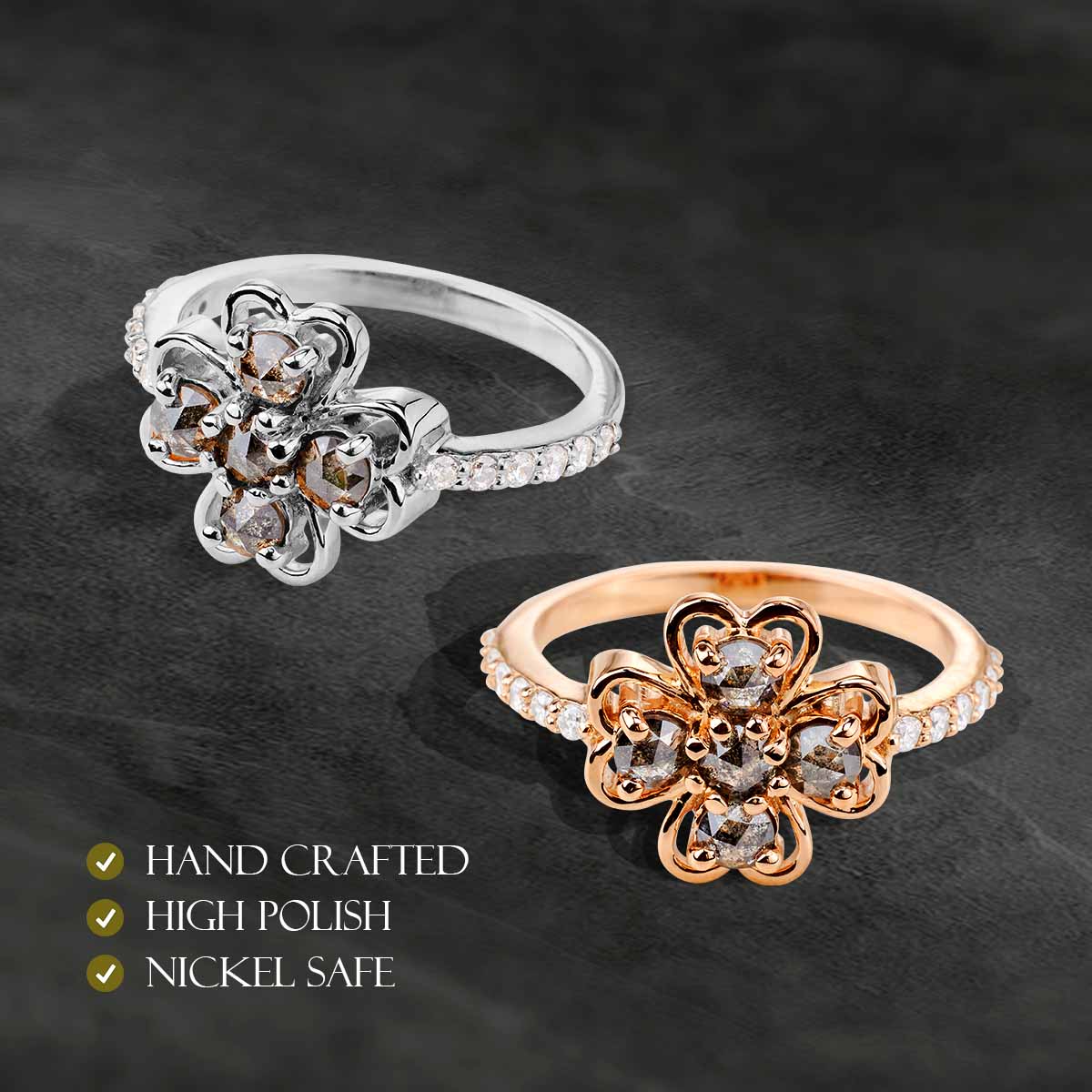 Salt and Pepper Natural Diamond Flower Romantic Anniversary Ring Gift