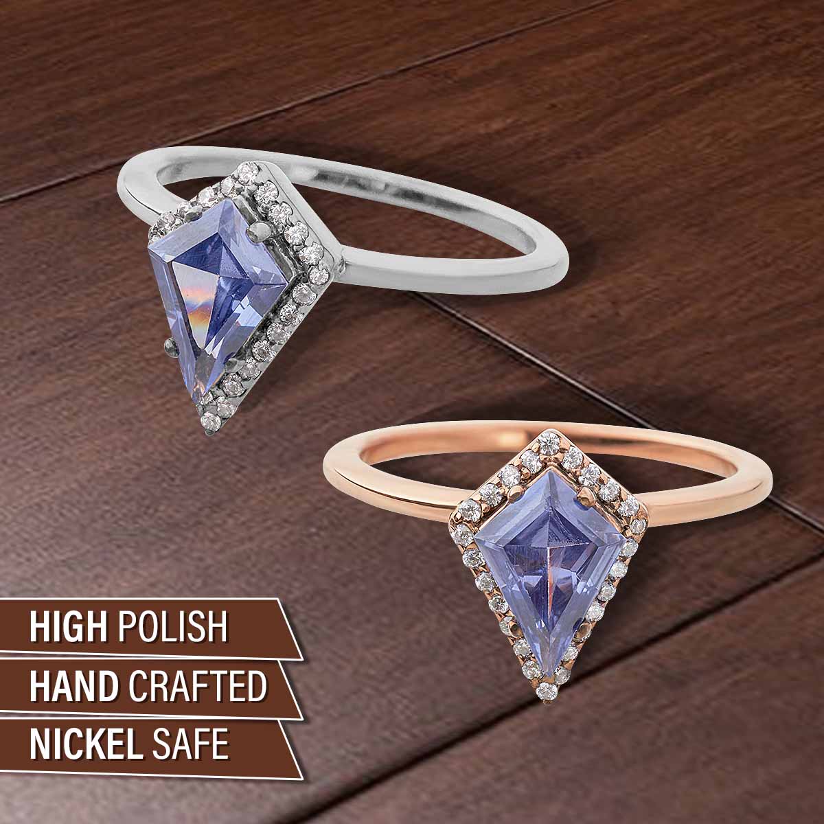 Kite Cut Halo Engagement Ring Blue Titanic Gemstone Rings Sterling Silver Rose Gold