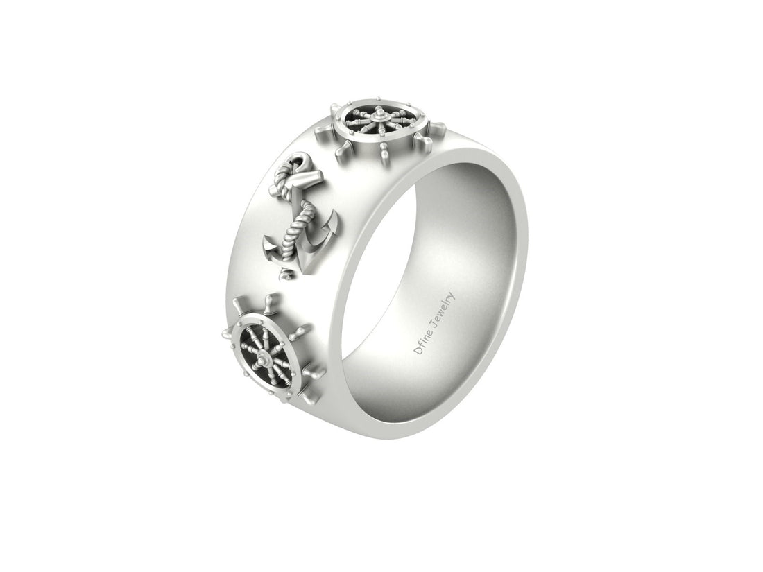 NAUTICAL STEERING WHEEL AND ANCHOR WEDDING BAND