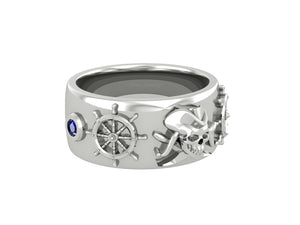 Skull and Cross Sword Ring Nautical Steering Wheel Band 925 Silver
