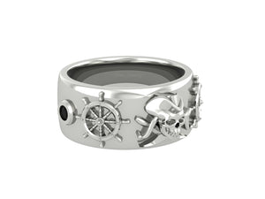 Skull and Wheel Wedding Band Pirates Skull Ring Mens Skull Jewelry