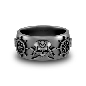 Nautical Theme Wedding Band Pirates Skull Ring Gun Metal Finish