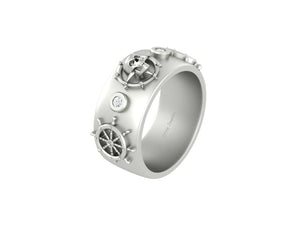 Nautical Theme Steering Wheel and Compass Gothic Skull Ring Band