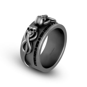 Skull and Snake Ring Mens Skull Ring Sterling Silver Gun Metal Fn