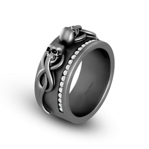 Snake and Skull Ring Diamond Skull Wedding Band Gun Metal Finish