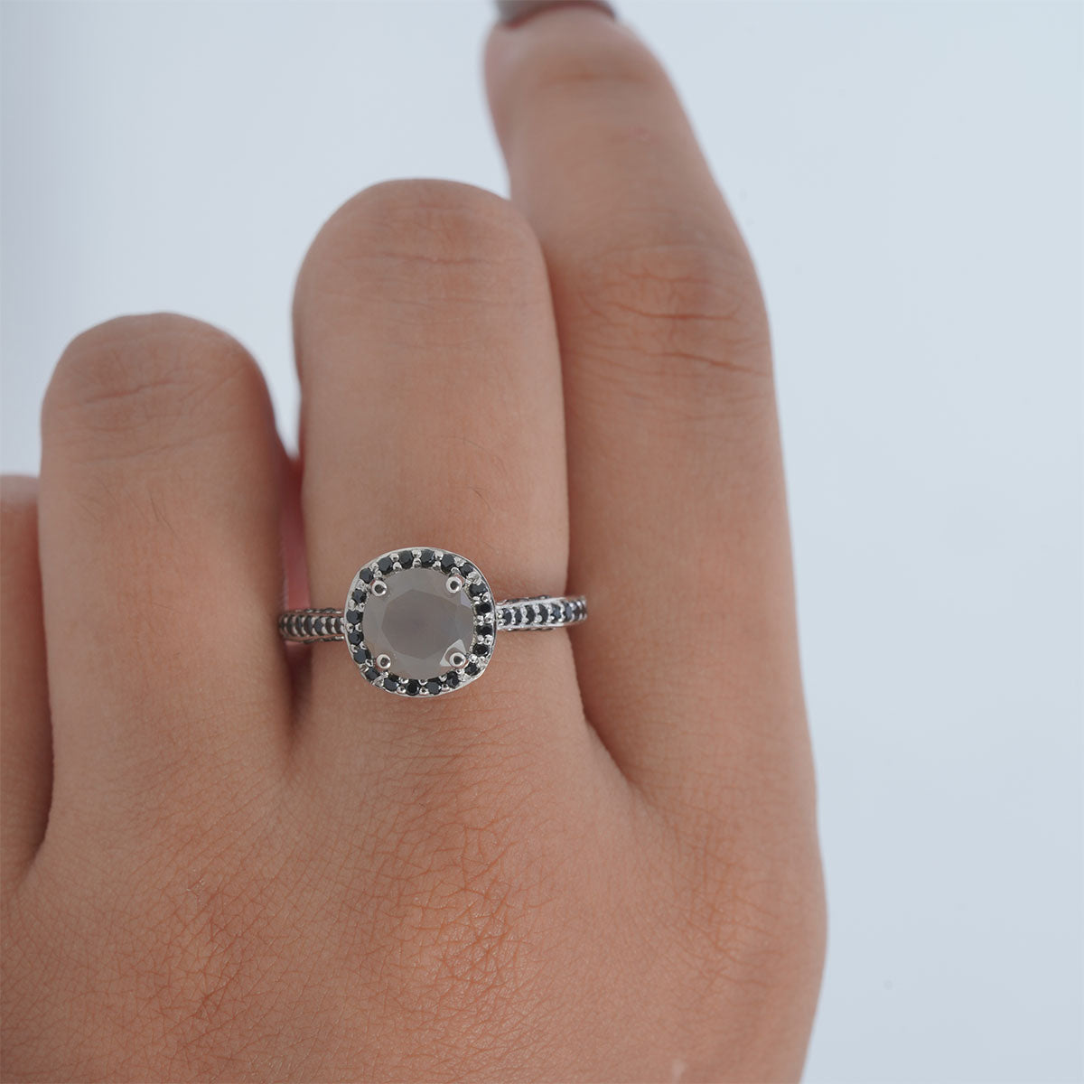 Halo Grey Moonstone Rings 14k White Gold Engagement Ring