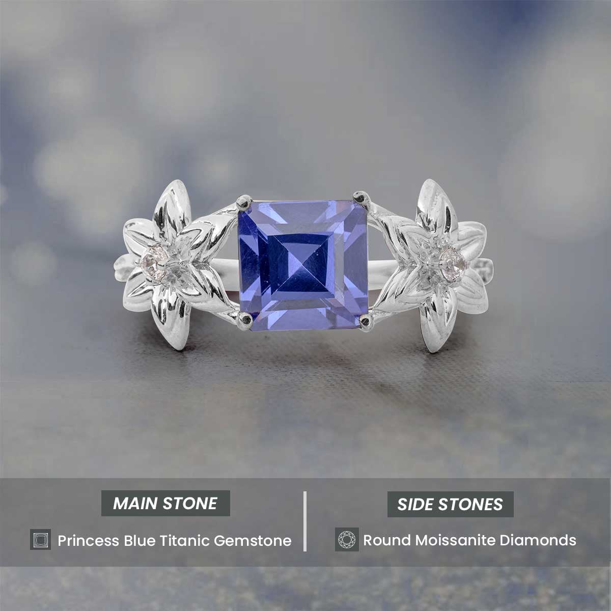 Princess Cut Blue Titanic Gemstone Ring Flower Engagement Rings Art Nouveau Silver Gold