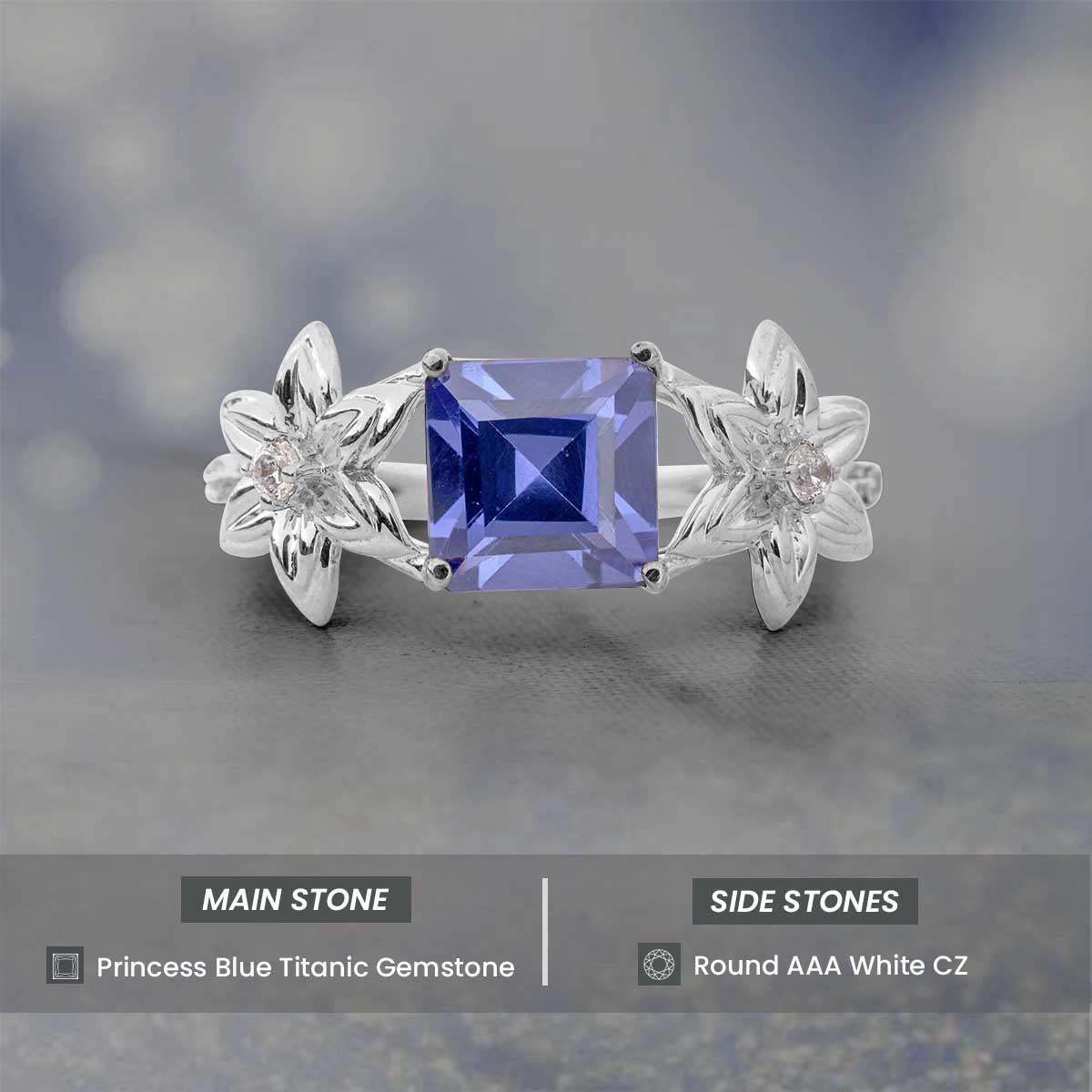 Princess Cut Titanic Gemstone Ring Flower Engagement Rings Art Nouveau Silver Gold