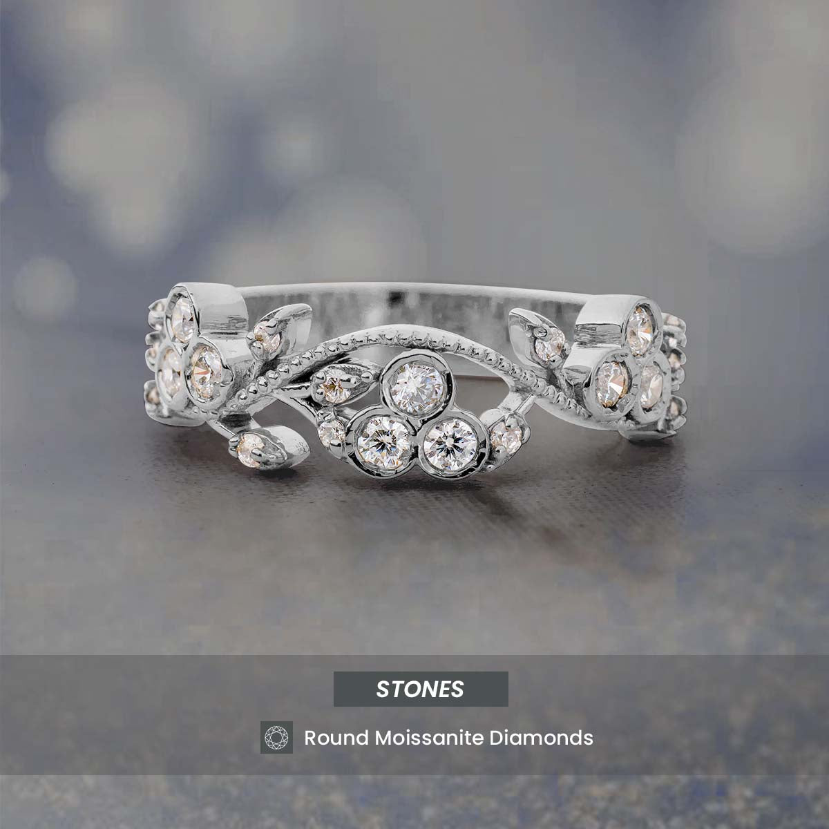 Floral Art Deco Wedding Band for Her Moissanite Diamond Anniversary Band Gift Rose Gold White Gold