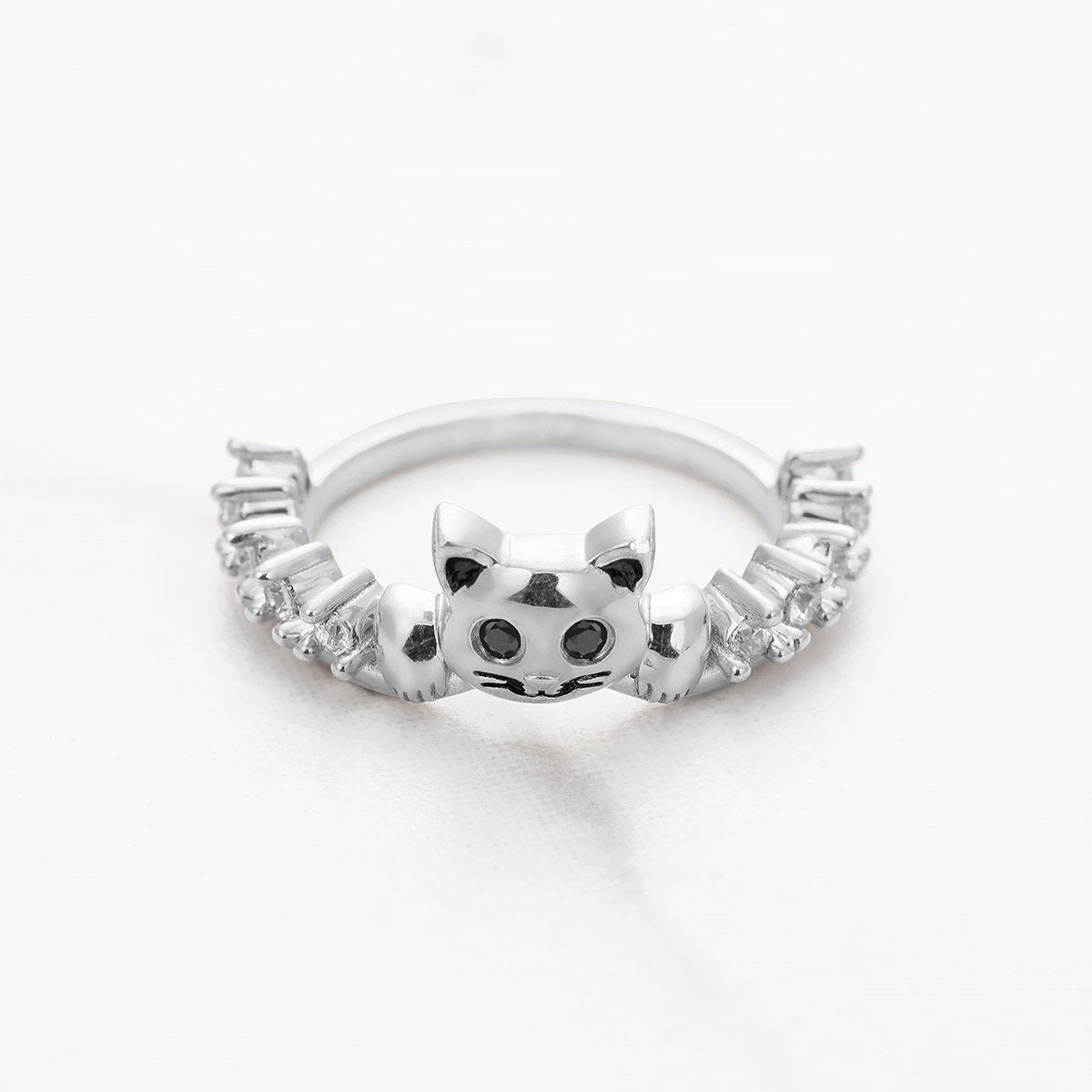 Diamond Cat Wedding Band Cute Kitty Cat Jewelry Stacking Band Sterling Silver Rose Gold White Gold