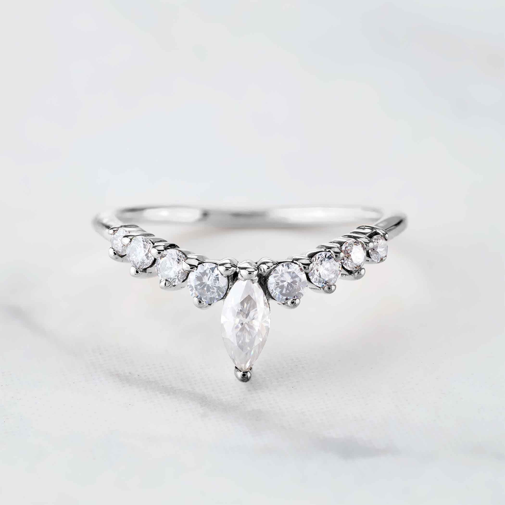 Marquise Curved Wedding Band Women Vintage Engagement Enhancer Ring Silver