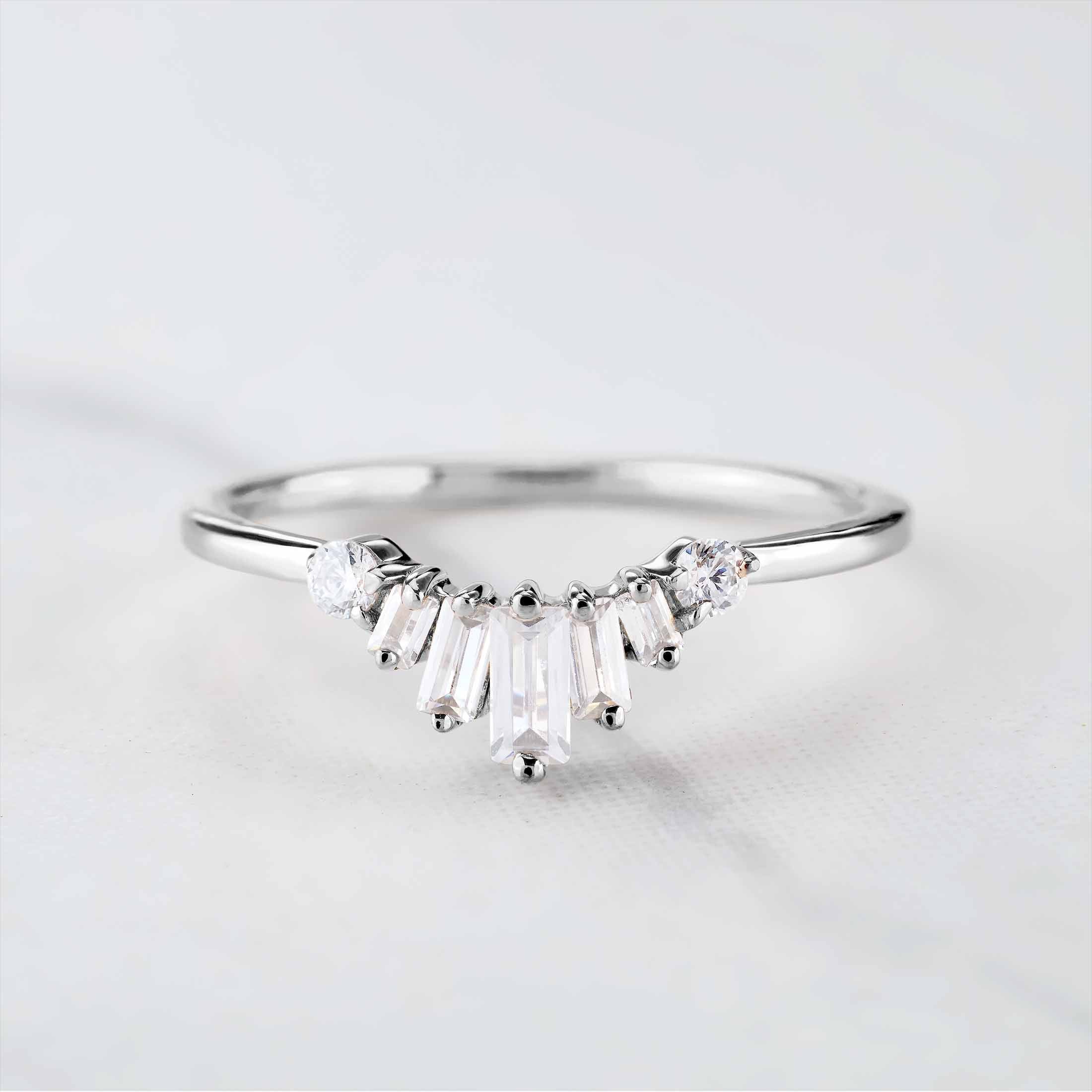 Baguette Moissanite Tiara Ring Curved Wedding Band Enhancer